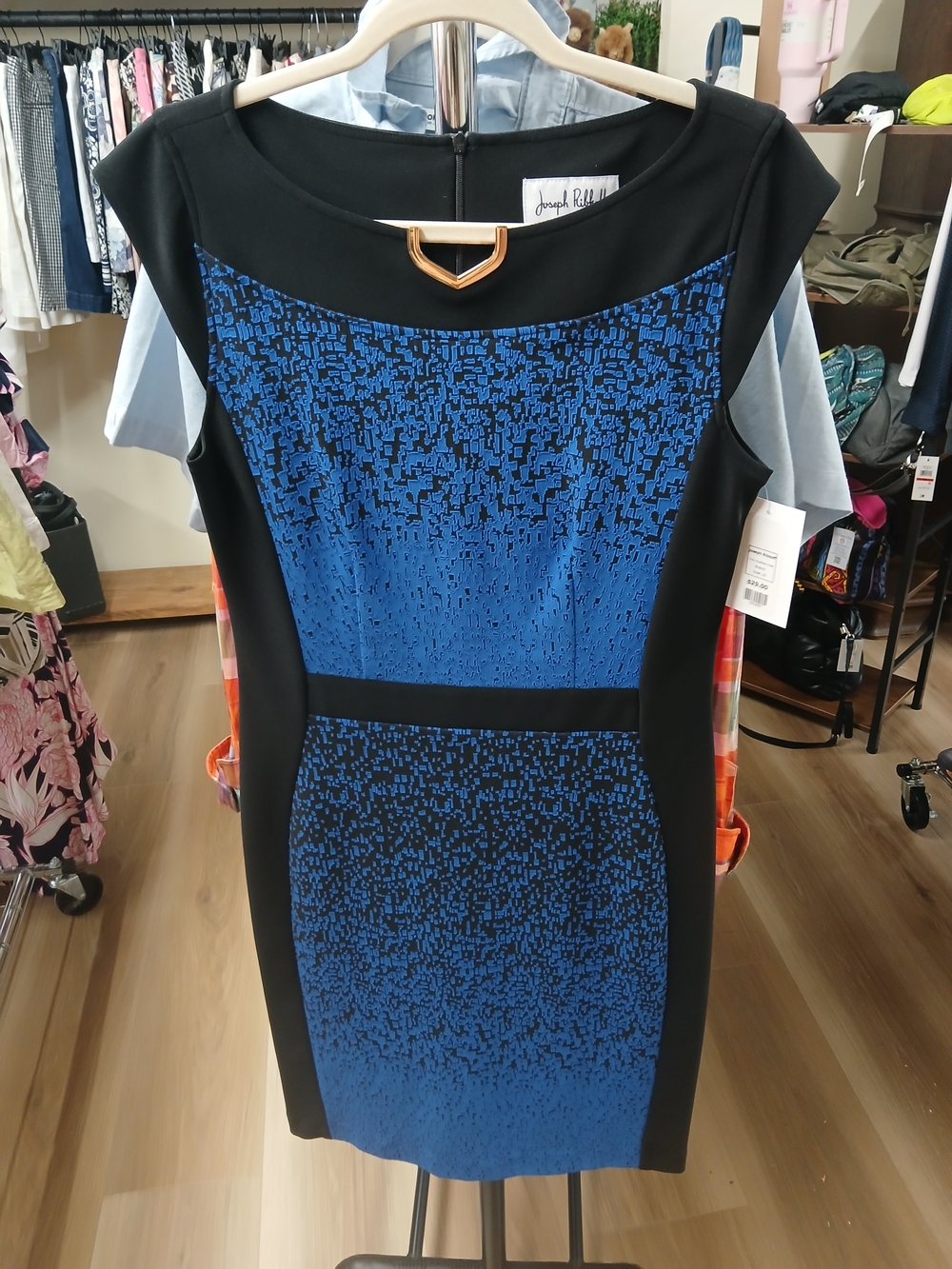 Joseph Ribkoff Blue and Black Contrast Midi Sheath Dress with Gold Accent